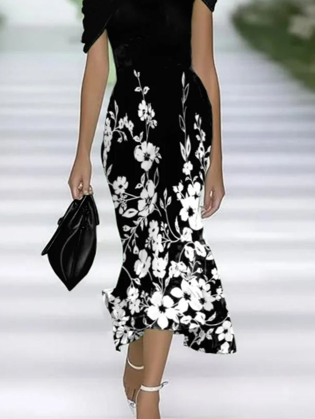 Women Floral Cap Sleeve Summer Printing Dress Cold Shoulder Daily Vintage Maxi H-Line Dress