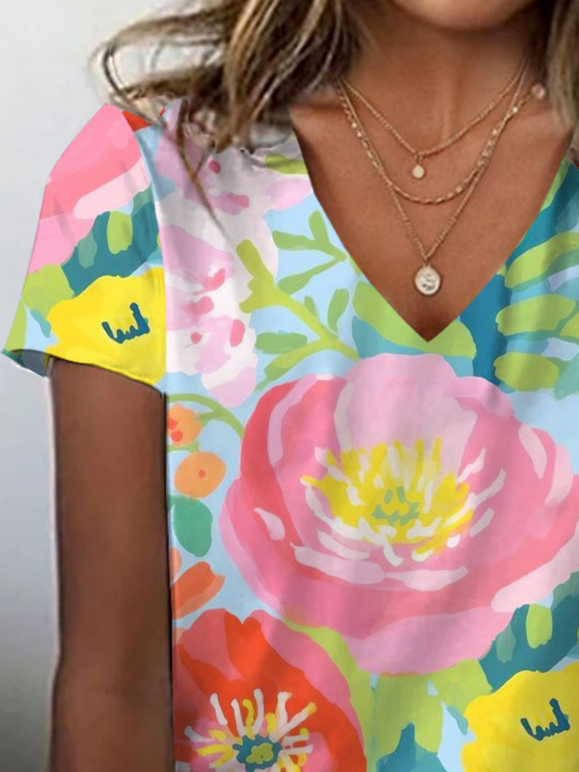 Women Floral Short Sleeve Tee T-shirt V Neck Printing Casual Summer Graphic Tee Top