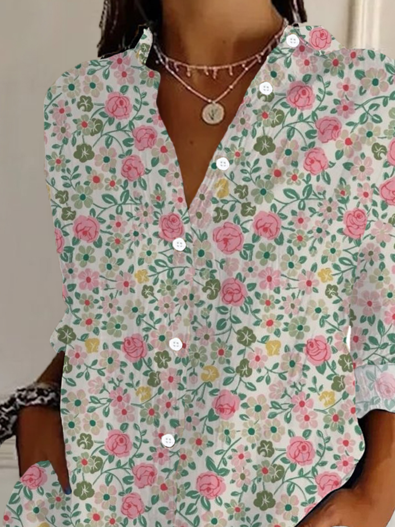 Women Floral Long Sleeve Shirt Spring/Fall Buckle Shirt Collar Daily Casual Top