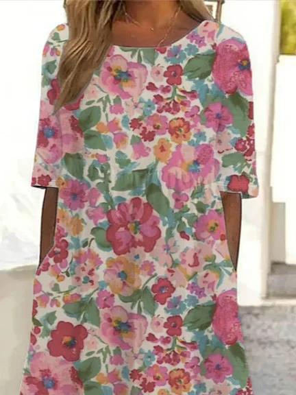 Women Floral Half Sleeve Summer Printing Dress Crew Neck Daily Casual Maxi A-Line Dress