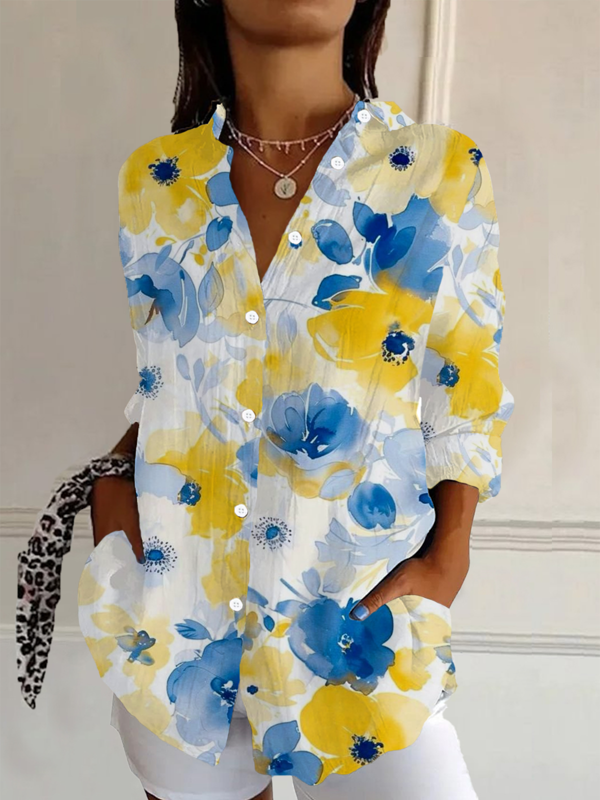 Women Floral Long Sleeve Shirt Spring/Fall Buckle Shirt Collar Daily Casual Top