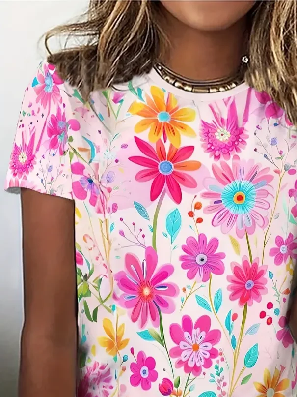 Women Floral Short Sleeve Tee T-shirt Crew Neck Printing Casual Summer Graphic Tee Top