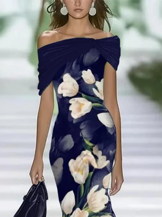 Women Floral Cap Sleeve Summer Printing Dress Cold Shoulder Daily Vintage Maxi H-Line Dress