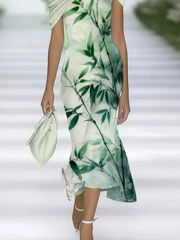 Women Floral Cap Sleeve Summer Printing Dress Cold Shoulder Daily Vintage Maxi H-Line Dress