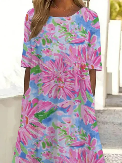 Women Floral Half Sleeve Summer Printing Dress Crew Neck Daily Casual Maxi A-Line Dress