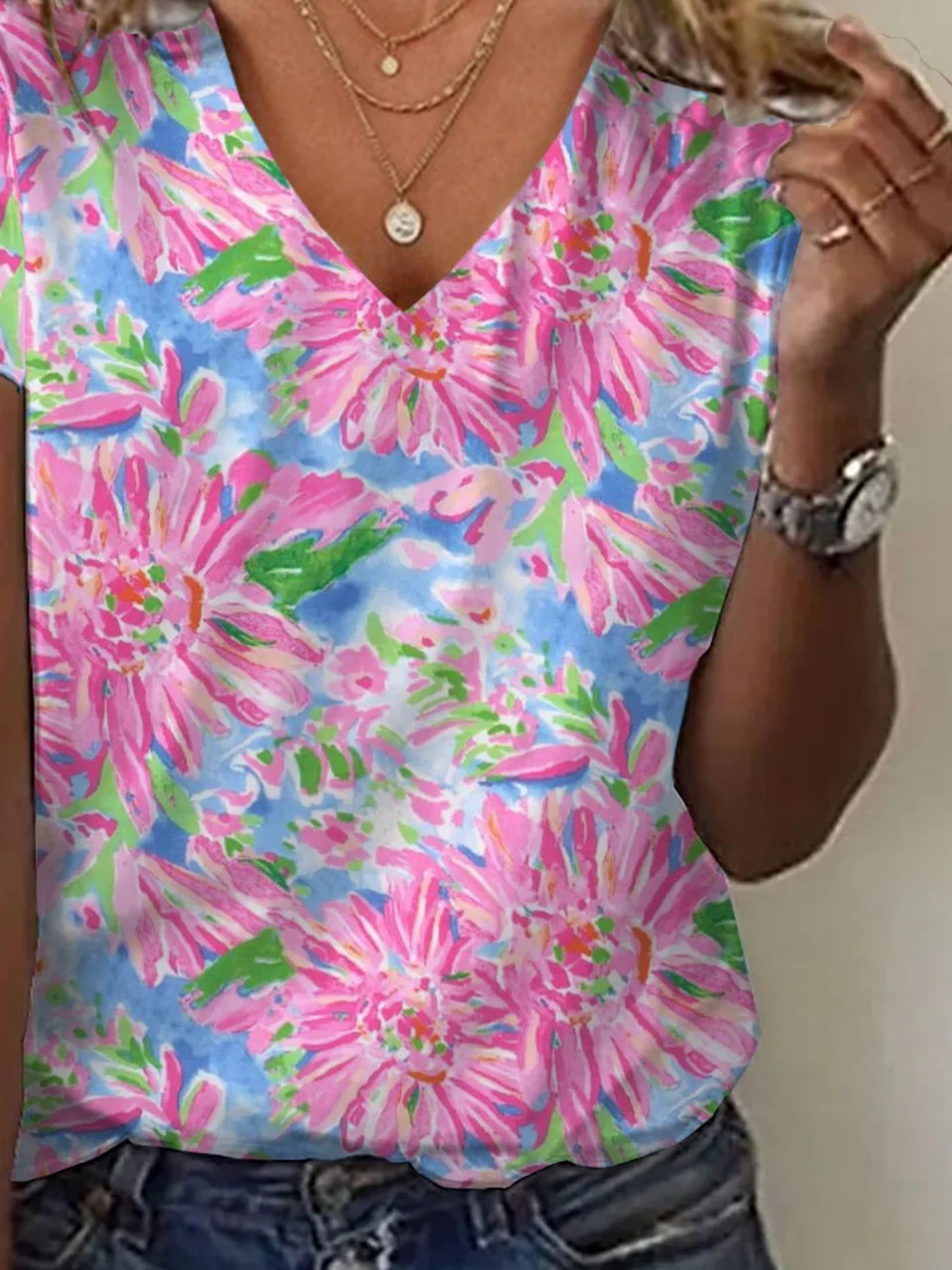 Women Floral Short Sleeve Tee T-shirt V Neck Printing Casual Summer Graphic Tee Top