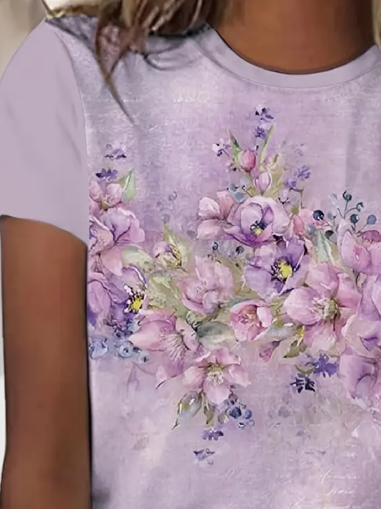 Women Floral Short Sleeve Tee T-shirt Crew Neck Printing Casual Summer Graphic Tee Top