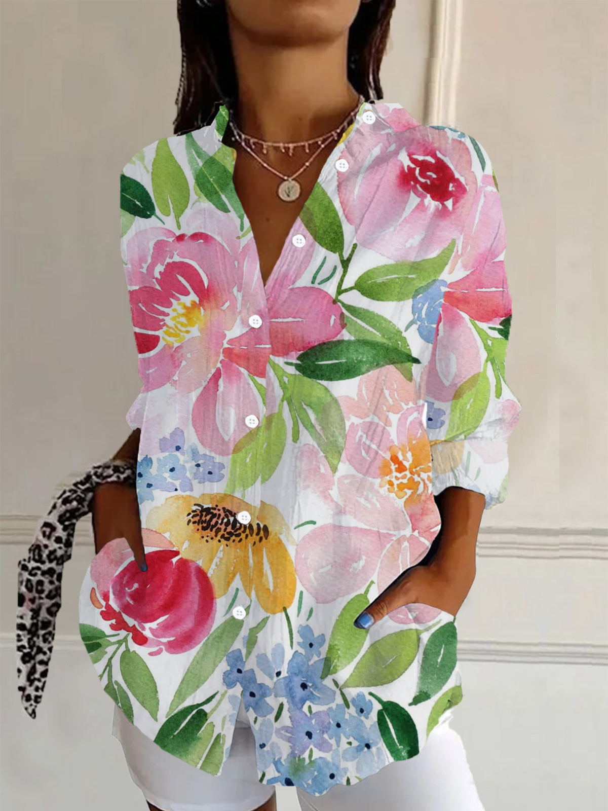 Women Floral Long Sleeve Shirt Spring/Fall Buckle Shirt Collar Daily Casual Top