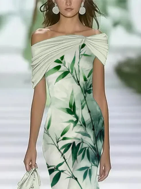 Women Floral Cap Sleeve Summer Printing Dress Cold Shoulder Daily Vintage Maxi H-Line Dress