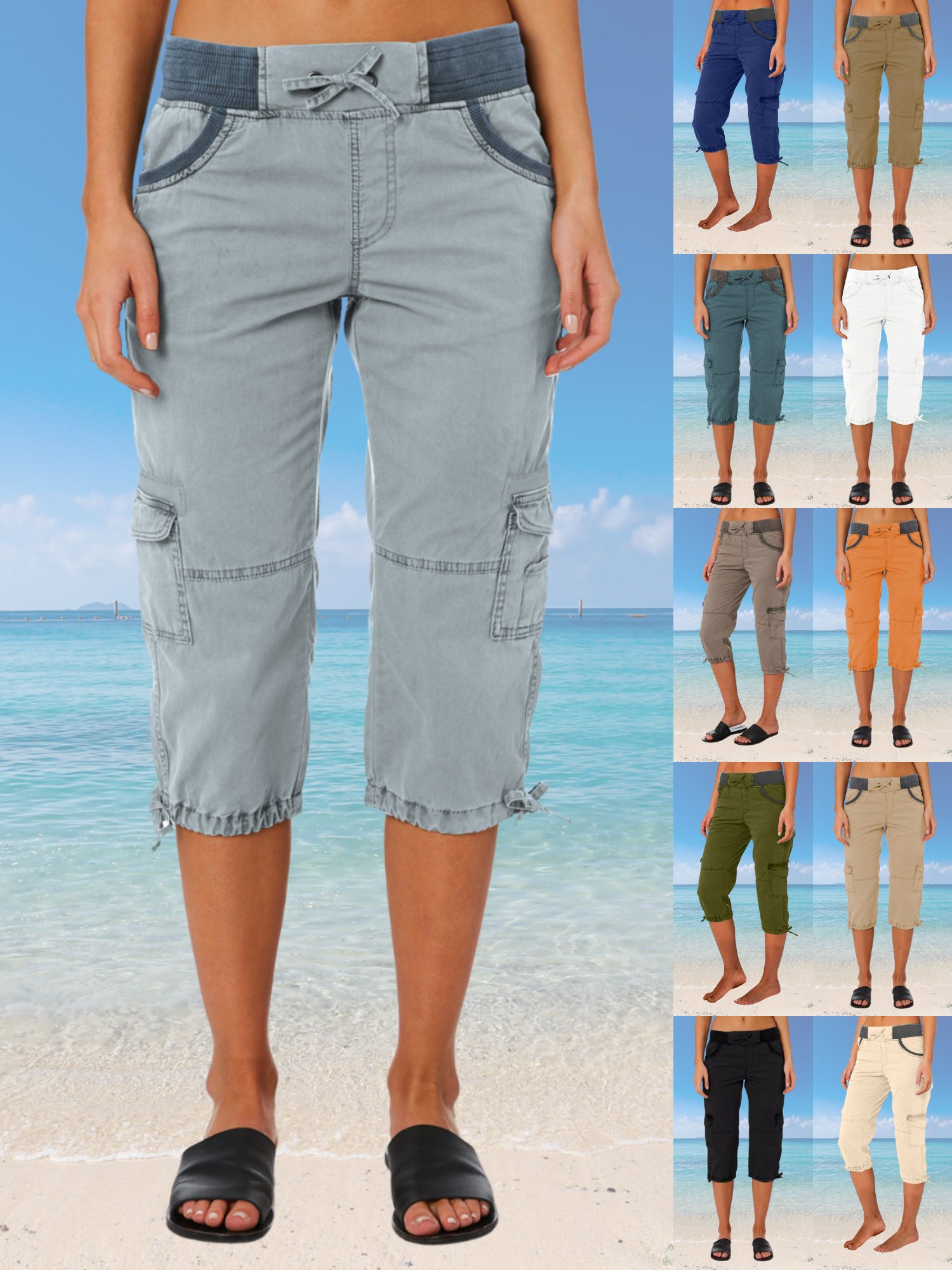 Women Plain Capris Elastic Waist Pants Casual Summer Trousers