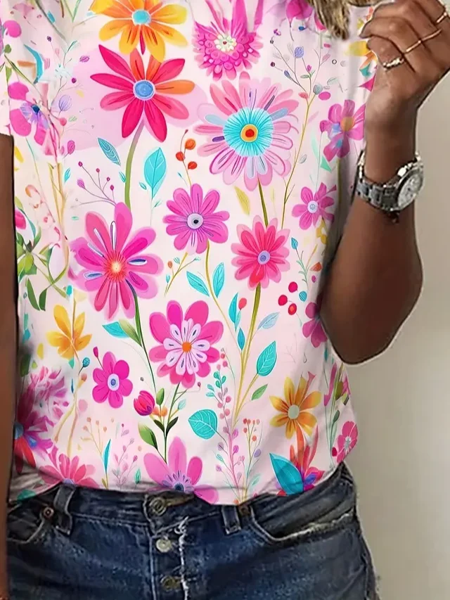 Women Floral Short Sleeve Tee T-shirt Crew Neck Printing Casual Summer Graphic Tee Top