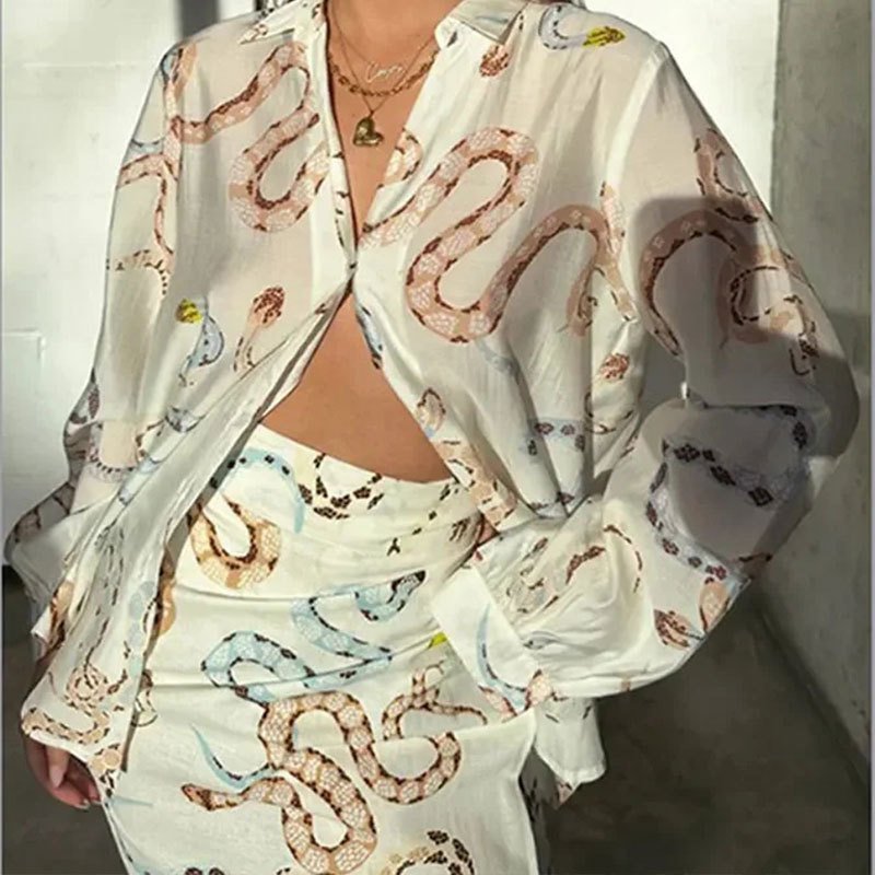 Women Floral Printing Two-Piece Set Daily Long Sleeve Casual Spring/Fall Top With Skirt Matching Set