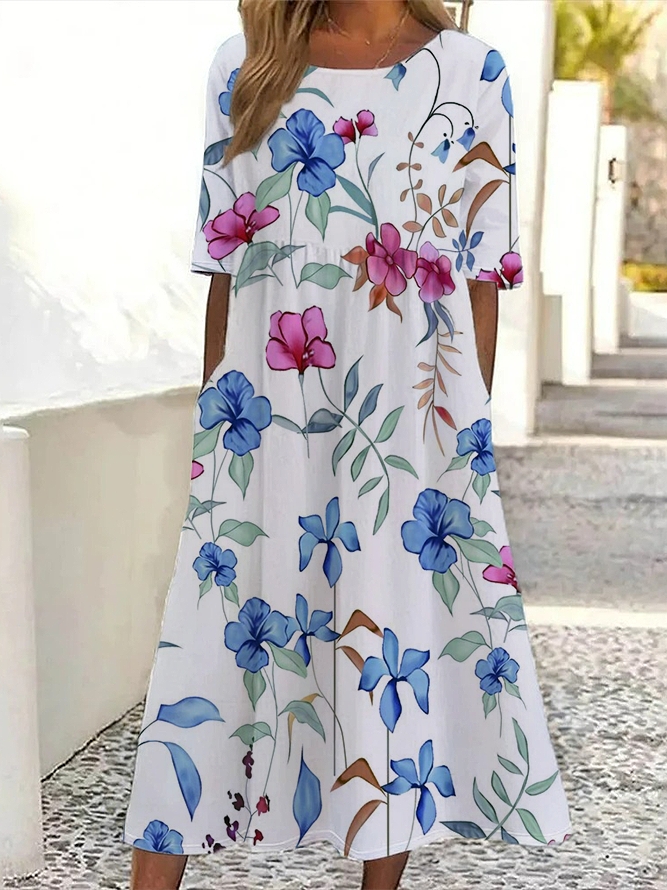 Women Floral Half Sleeve Summer Printing Dress Crew Neck Daily Casual Maxi A-Line Dress