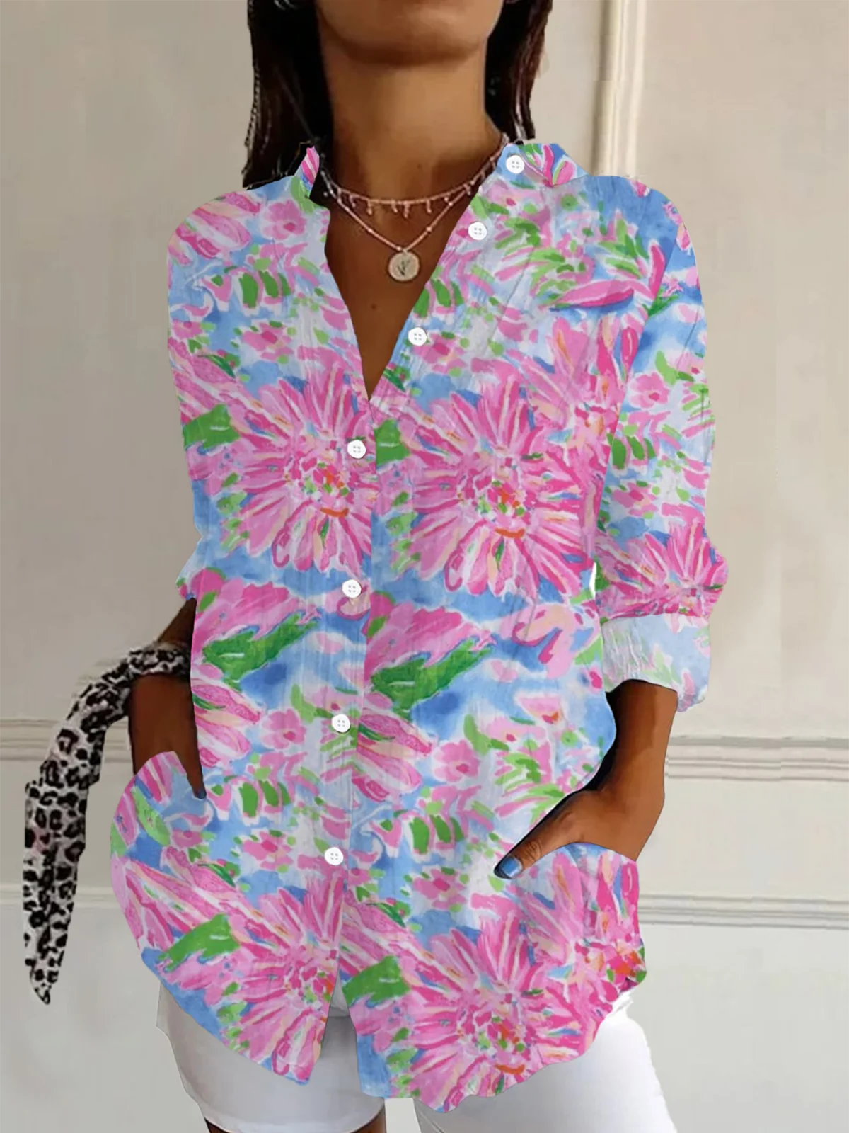 Women Floral Long Sleeve Shirt Spring/Fall Buckle Shirt Collar Daily Casual Top
