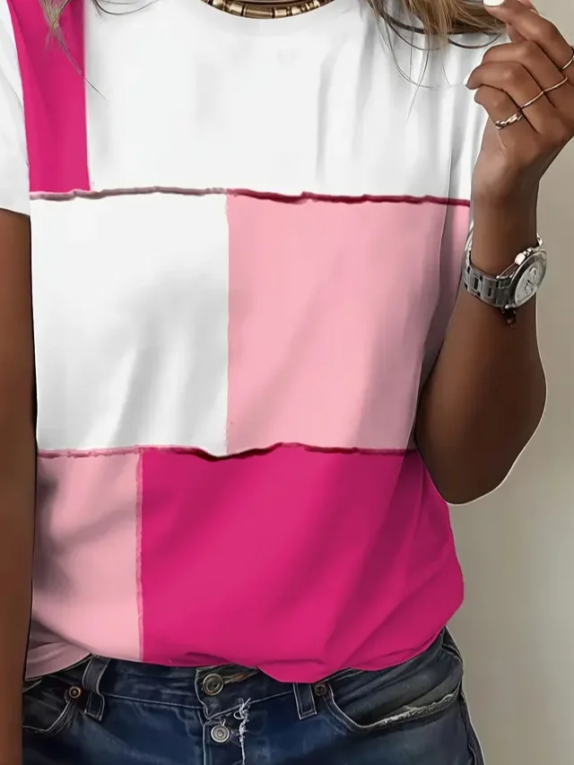Women Multicolor Block Short Sleeve Tee T-shirt Crew Neck Printing Casual Summer Graphic Tee Top