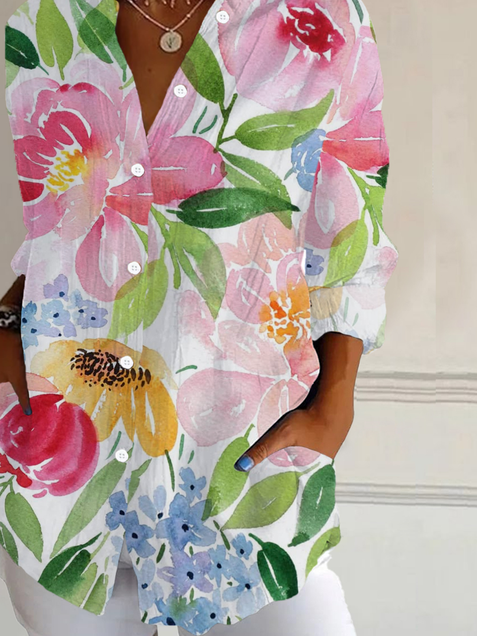Women Floral Long Sleeve Shirt Spring/Fall Buckle Shirt Collar Daily Casual Top