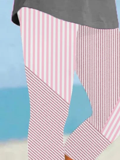 Women Striped Capris Elastic Waist Pants Casual Summer Trousers