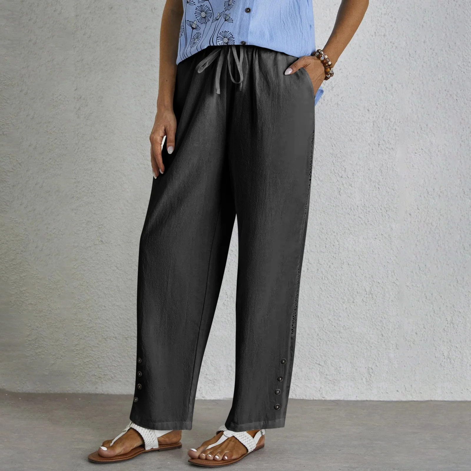Women Plain Long Elastic Waist Pants Casual Spring/Fall Trousers