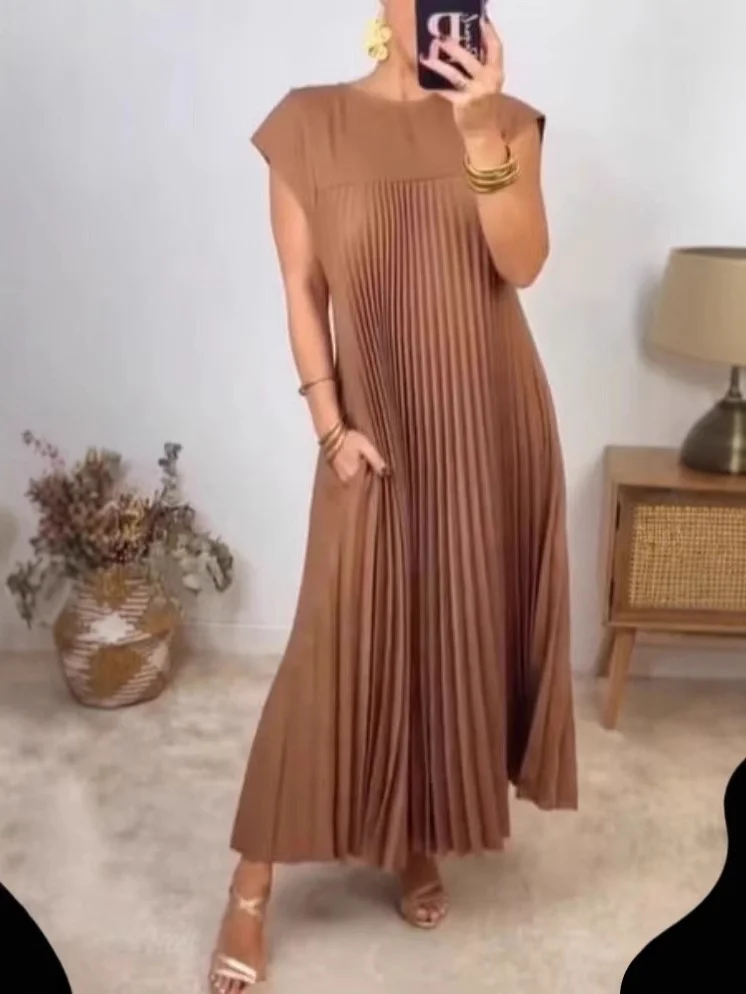 Women Plain Short Sleeve Summer Gathered Dress Crew Neck Daily Vintage Maxi T-Shirt Dress A-Line Dress