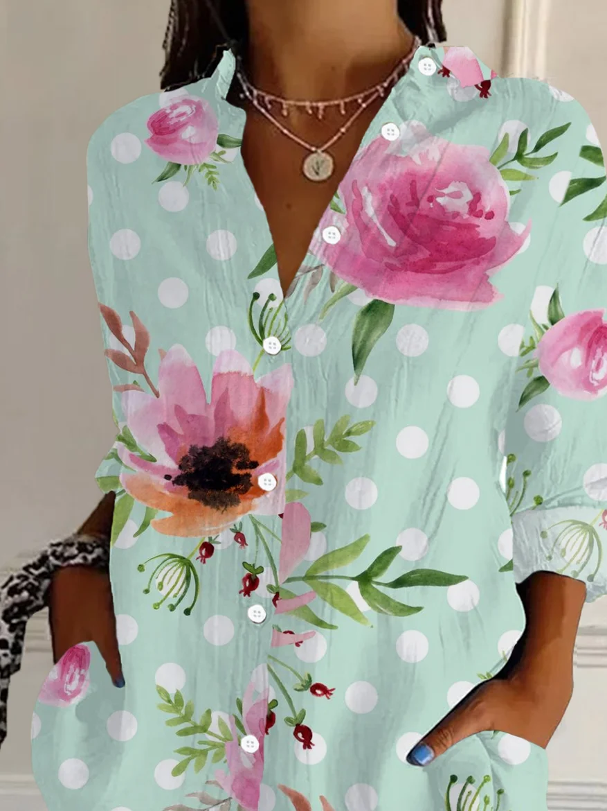 Women Polka Dots Long Sleeve Shirt Spring/Fall Buckle Shirt Collar Daily Casual Top