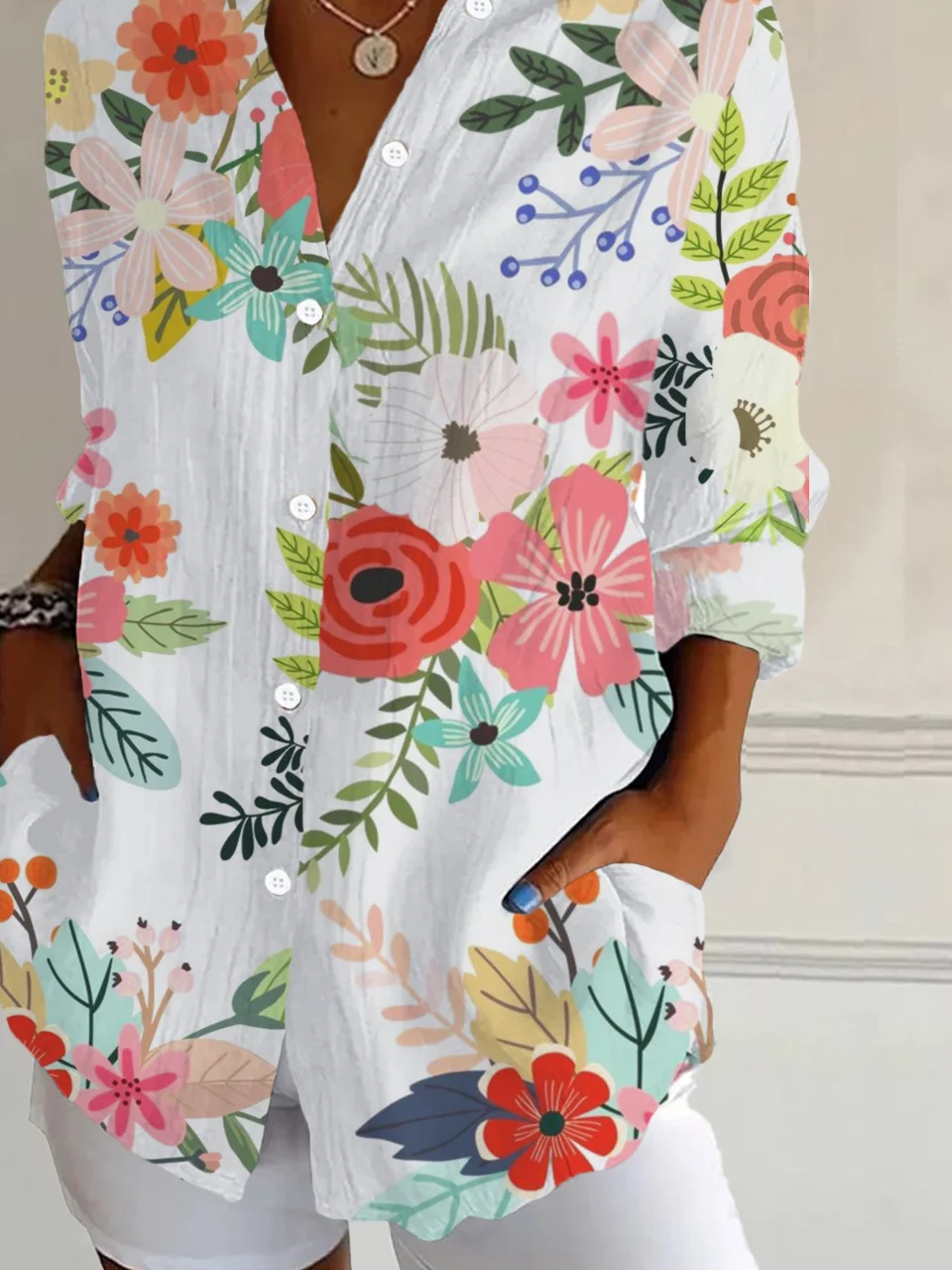 Women Floral Long Sleeve Shirt Spring/Fall Buckle Shirt Collar Daily Casual Top