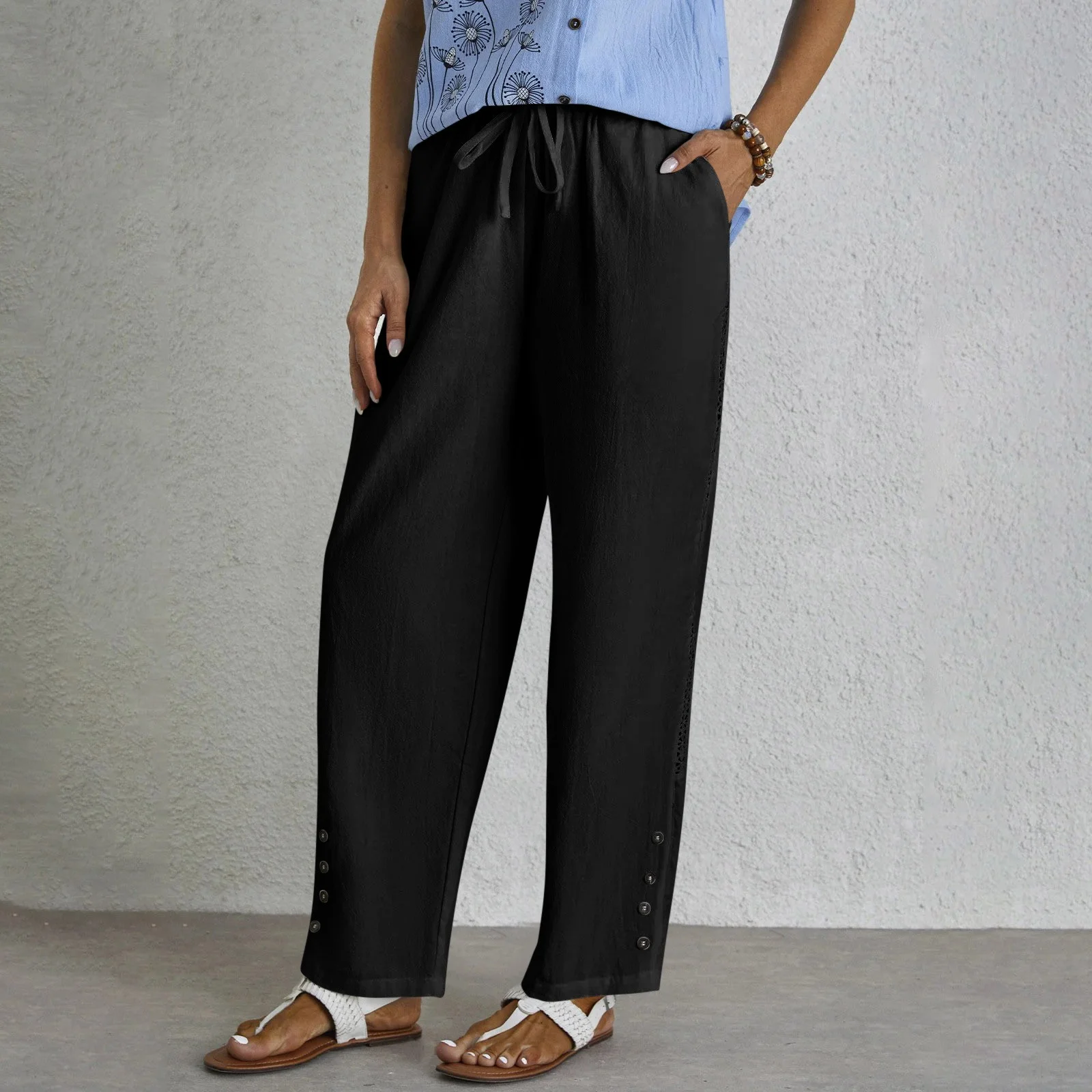 Women Plain Long Elastic Waist Pants Casual Spring/Fall Trousers