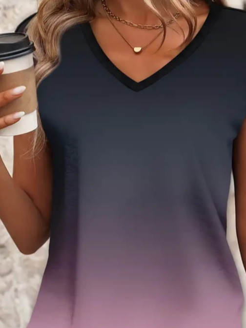 Women Ombre Short Sleeve Tee T-shirt V Neck Printing Casual Summer Graphic Tee Top