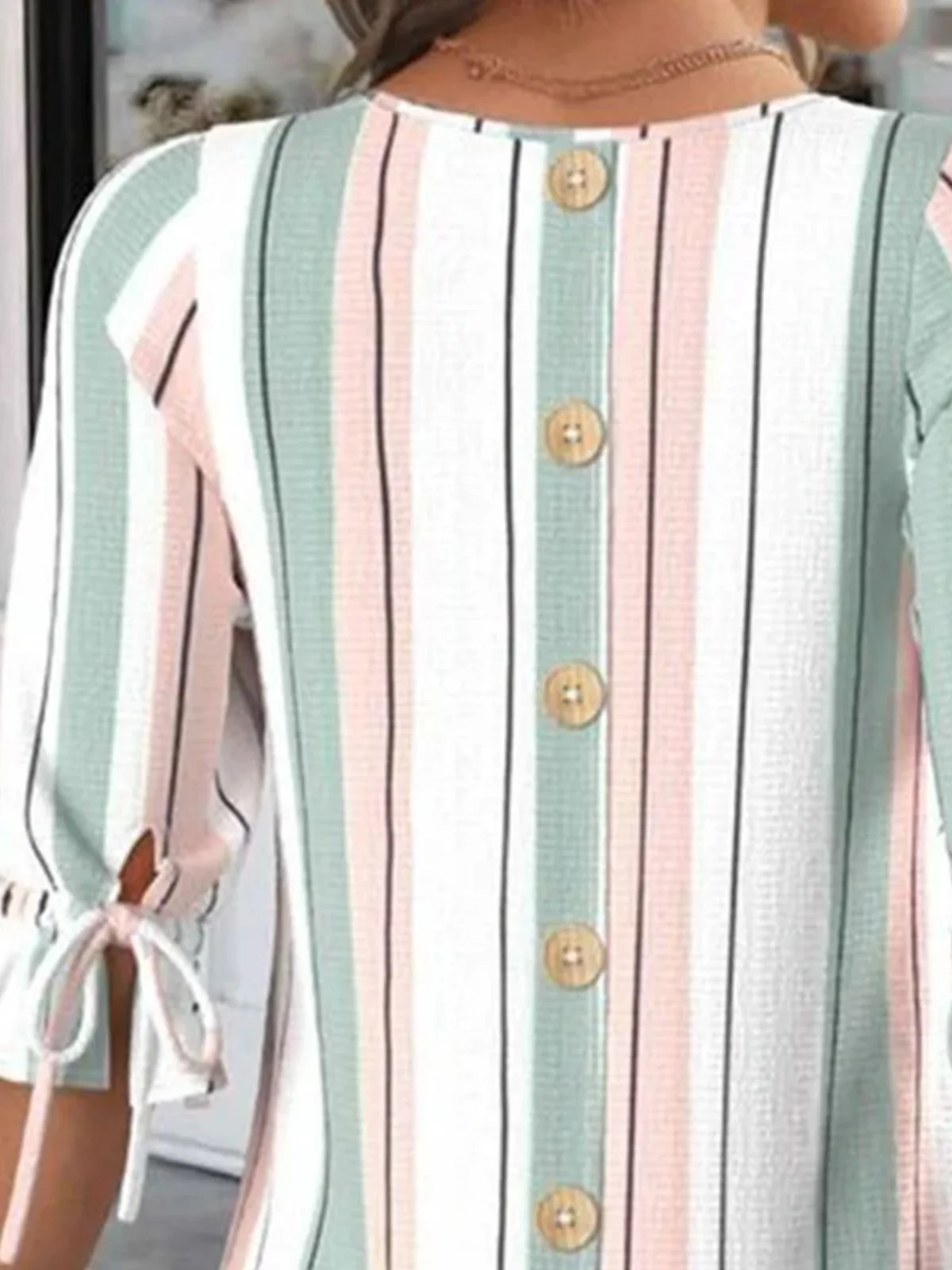 Women Striped Half Sleeve Blouse Summer Crew Neck Balloon Sleeve Daily Casual Top