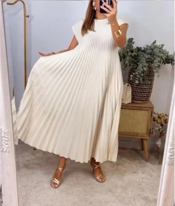 Women Plain Short Sleeve Summer Gathered Dress Crew Neck Daily Vintage Maxi T-Shirt Dress A-Line Dress