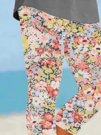 Women Floral Capris Elastic Waist Pants Casual Summer Trousers