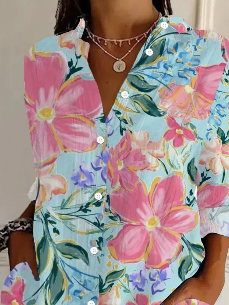 Women Floral Long Sleeve Shirt Spring/Fall Buckle Shirt Collar Daily Casual Top