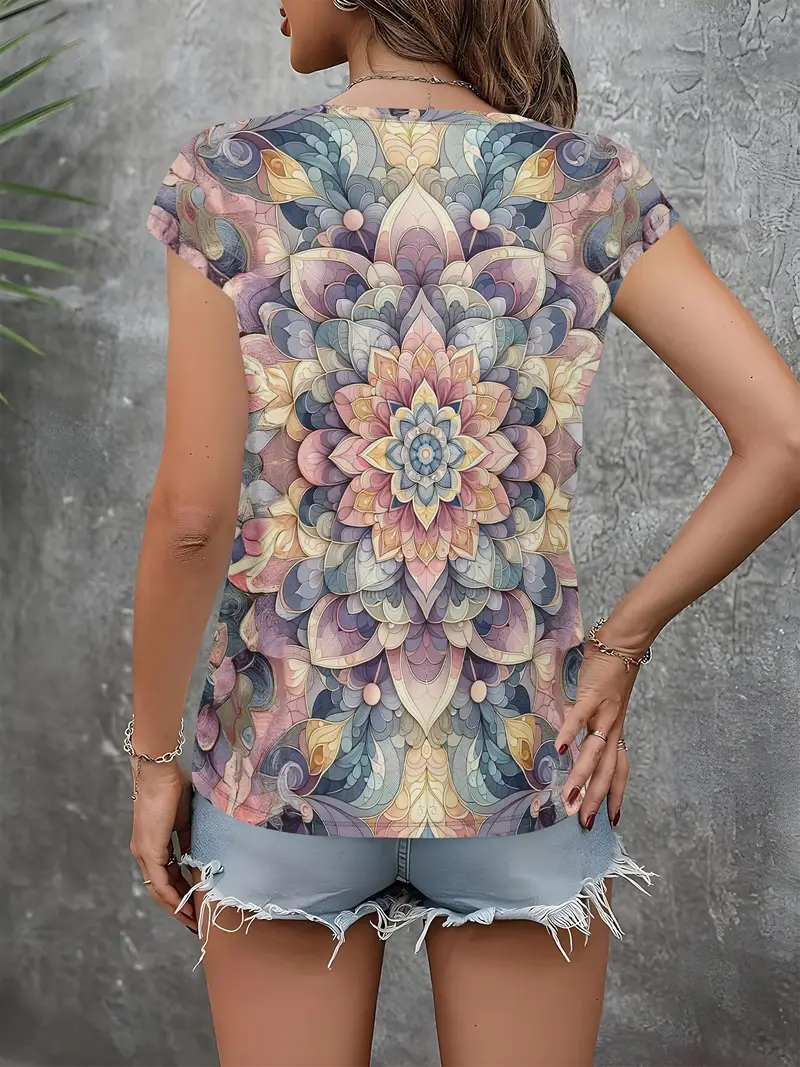 Women Floral Short Sleeve Tee T-shirt V Neck Printing Casual Summer Graphic Tee Top