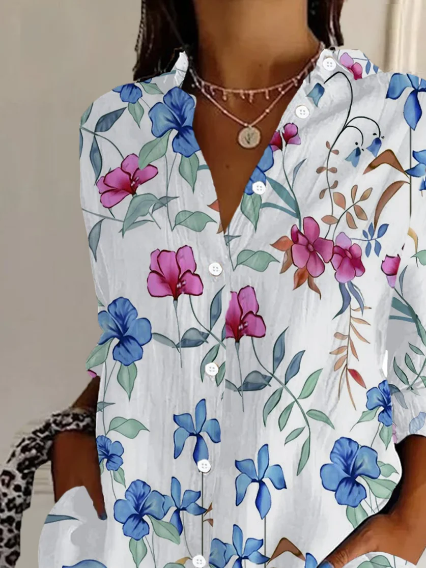 Women Floral Long Sleeve Shirt Spring/Fall Buckle Shirt Collar Daily Casual Top
