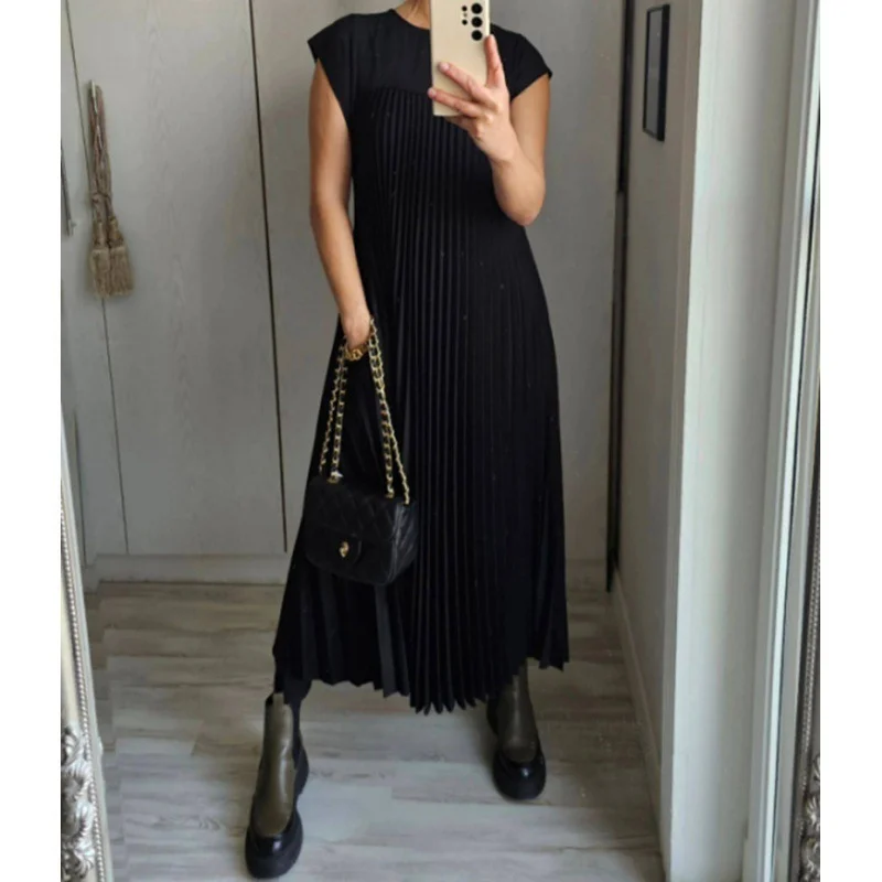 Women Plain Short Sleeve Summer Gathered Dress Crew Neck Daily Vintage Maxi T-Shirt Dress A-Line Dress