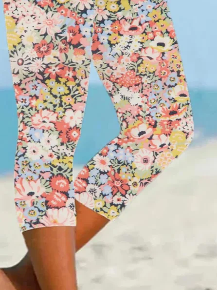 Women Floral Capris Elastic Waist Pants Casual Summer Trousers