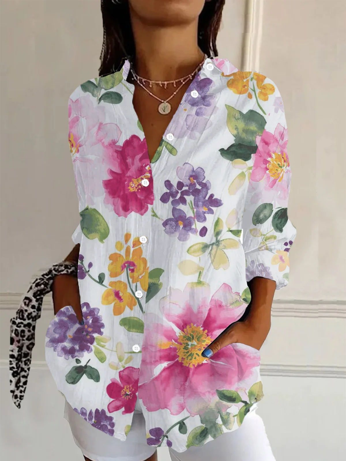 Women Floral Long Sleeve Shirt Spring/Fall Buckle Shirt Collar Daily Casual Top