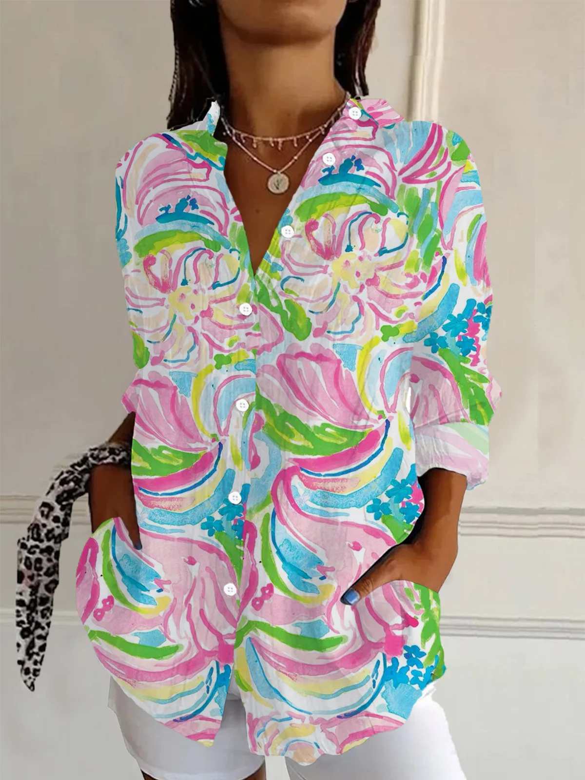 Women Floral Long Sleeve Shirt Spring/Fall Buckle Shirt Collar Daily Casual Top