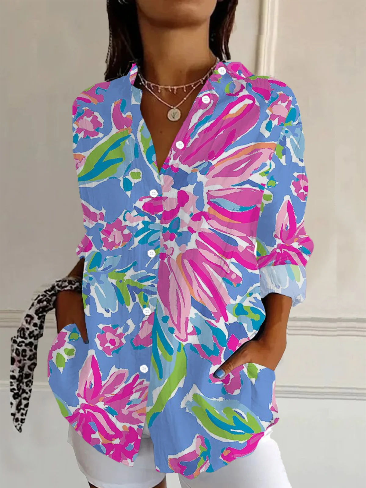 Women Floral Long Sleeve Shirt Spring/Fall Buckle Shirt Collar Daily Casual Top