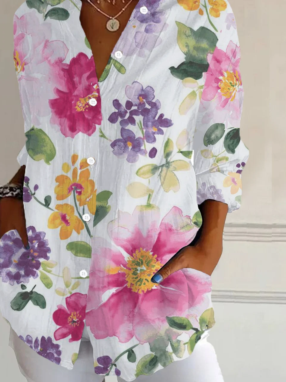 Women Floral Long Sleeve Shirt Spring/Fall Buckle Shirt Collar Daily Casual Top