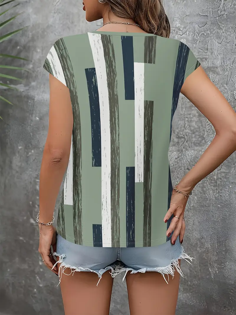 Women Geometric Short Sleeve Tee T-shirt V Neck Printing Casual Summer Graphic Tee Top
