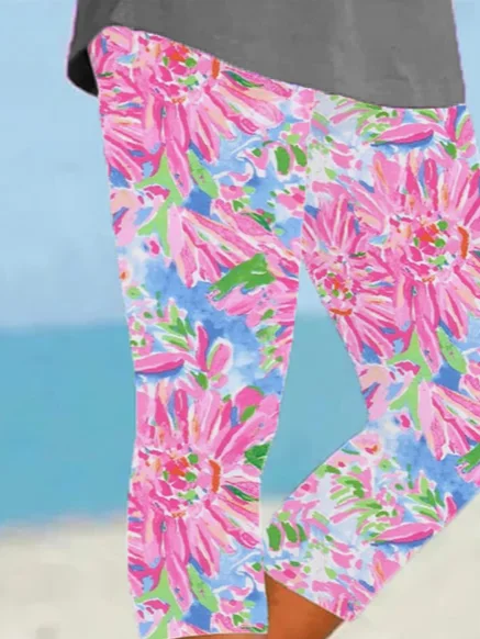 Women Floral Capris Elastic Waist Pants Casual Summer Trousers