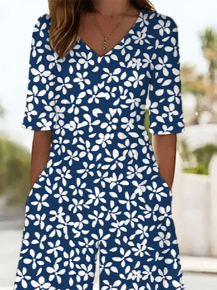 Women Floral V Neck Half Sleeve Casual Summer Jumpsuit