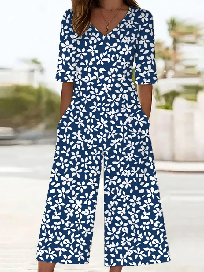 Women Floral V Neck Half Sleeve Casual Summer Jumpsuit
