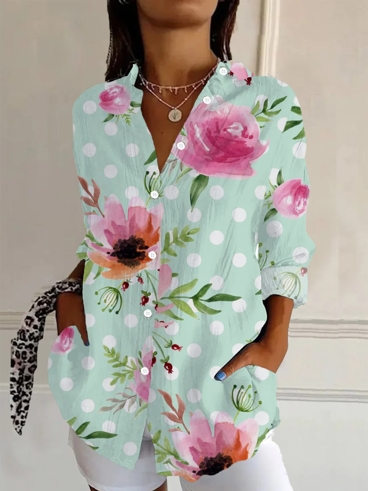 Women Polka Dots Long Sleeve Shirt Spring/Fall Buckle Shirt Collar Daily Casual Top