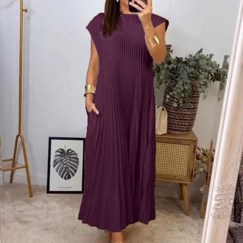 Women Plain Short Sleeve Summer Gathered Dress Crew Neck Daily Vintage Maxi T-Shirt Dress A-Line Dress