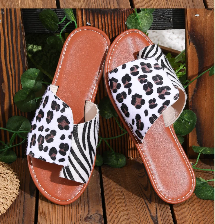 Large Size Summer New European And American Flat Leopard Zebra Print Fashion Women's Sandals Slippers