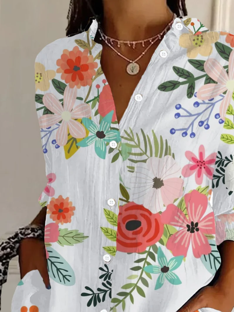 Women Floral Long Sleeve Shirt Spring/Fall Buckle Shirt Collar Daily Casual Top