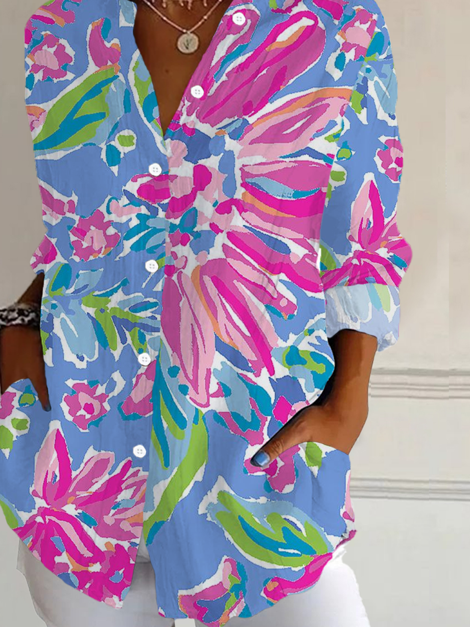 Women Floral Long Sleeve Shirt Spring/Fall Buckle Shirt Collar Daily Casual Top
