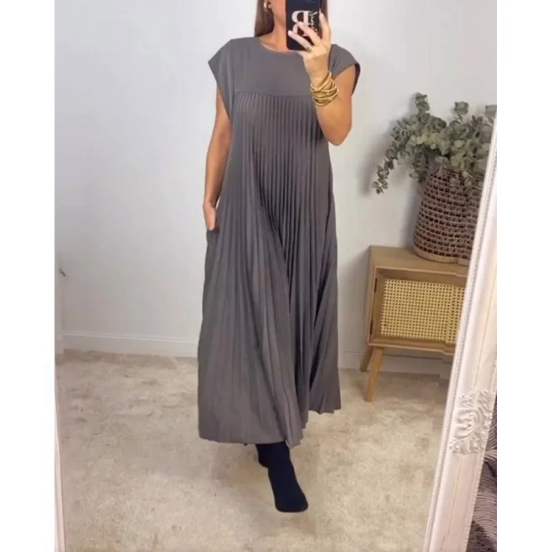 Women Plain Short Sleeve Summer Gathered Dress Crew Neck Daily Vintage Maxi T-Shirt Dress A-Line Dress