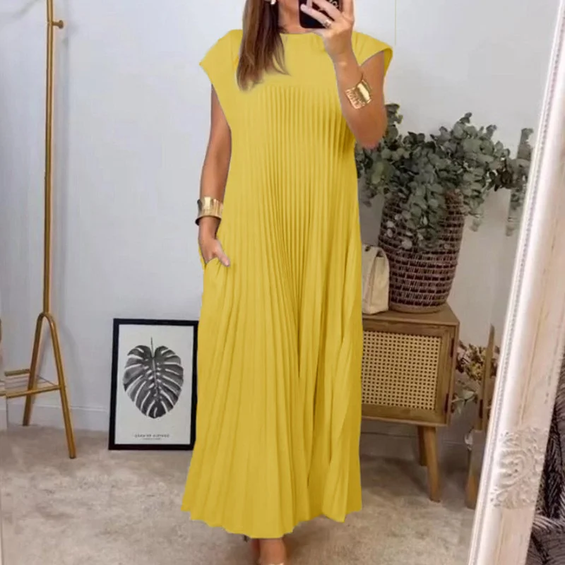 Women Plain Short Sleeve Summer Gathered Dress Crew Neck Daily Vintage Maxi T-Shirt Dress A-Line Dress